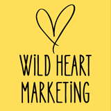Wild Heart Marketing Logo in black on a sunflower yellow background. The logo is in a sketched style. Font is in capital letters. Above the text is a heart, in a hand-sketched style.